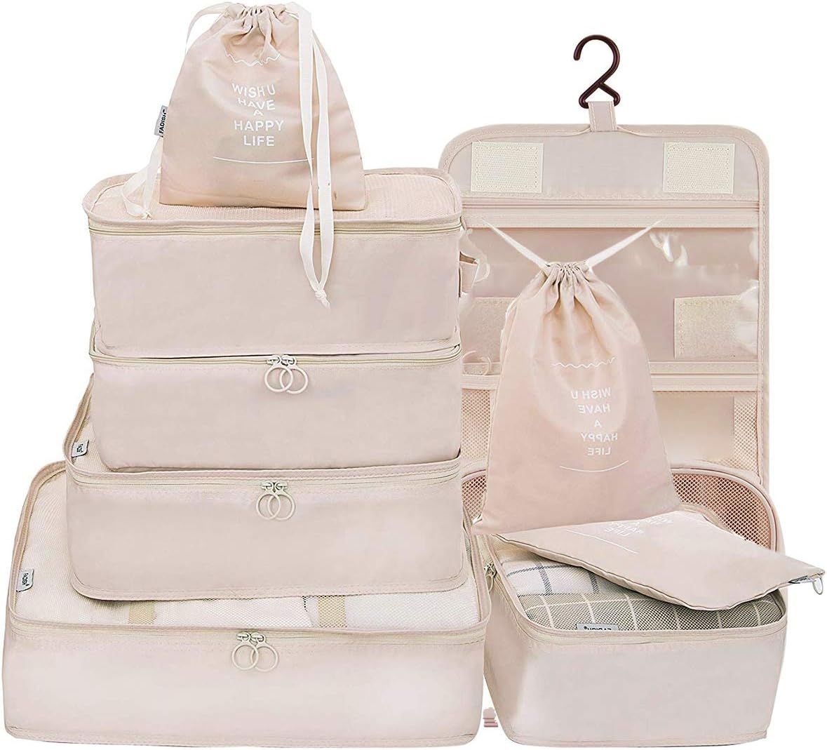 Belsmi 9 Set Packing Cubes with Shoe Bag - Compression Travel Luggage Organizer (9pcs Beige) | Amazon (US)