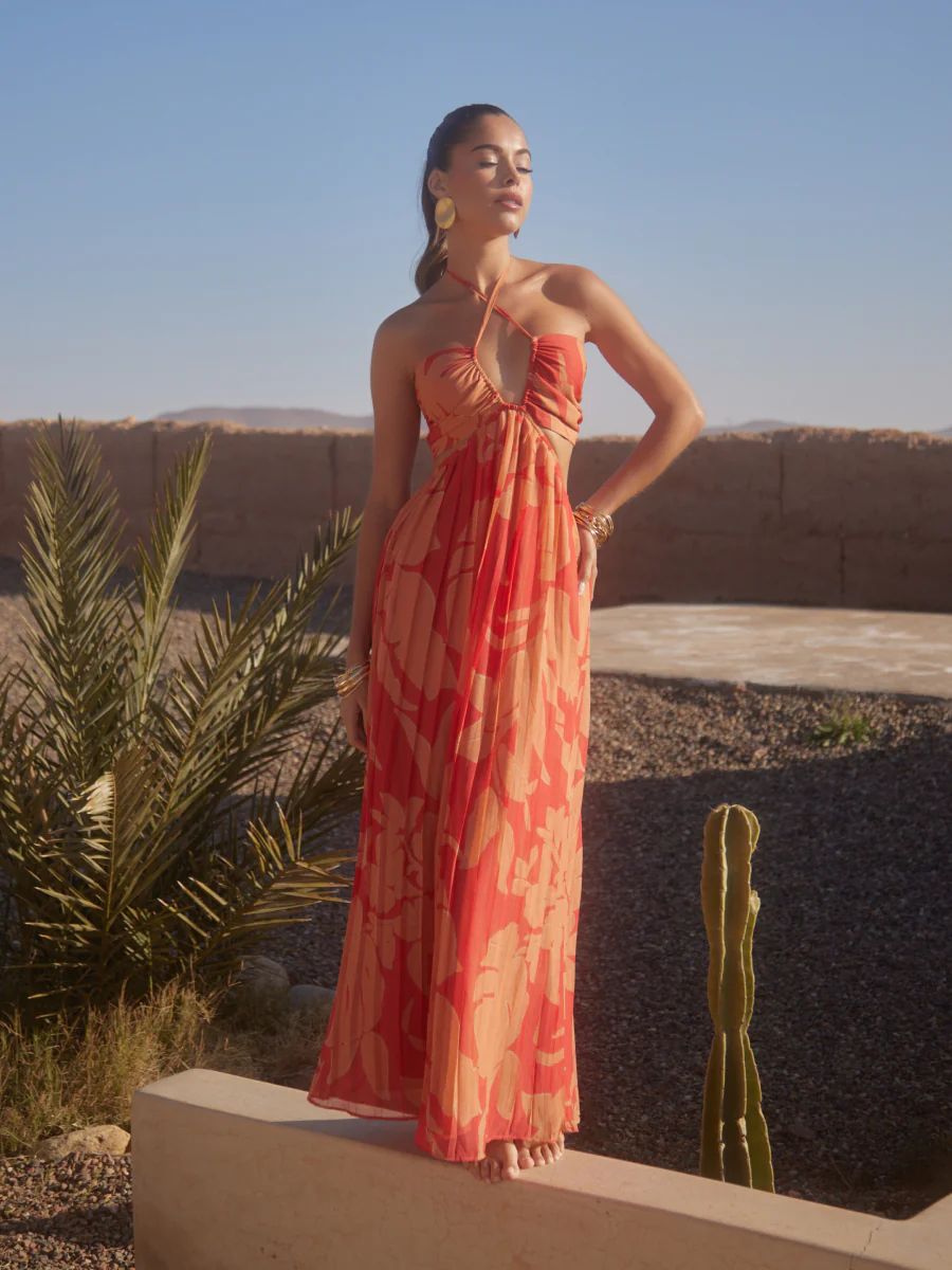 Lucie Cut Out Maxi Dress - Red and Beige Floral | Pretty Lavish (UK)