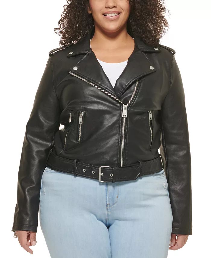 Plus Size Faux Leather Belted Motorcycle Jacket | Macy's