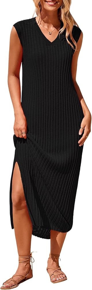 PRETTYGARDEN Women's 2025 Summer Casual Maxi Dresses Ribbed Knit Sleeveless V Neck 2 Piece Outfit... | Amazon (US)