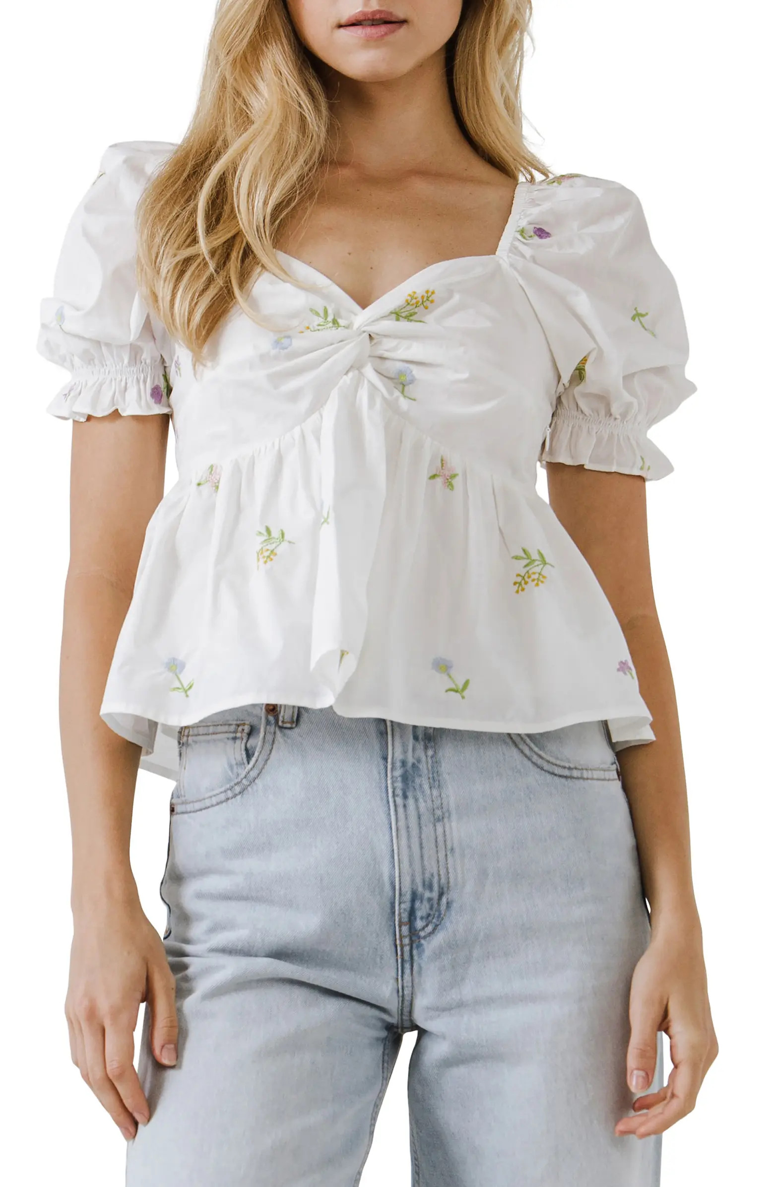 English Factory Floral Embroidered Puff Sleeve Babydoll Top | Nordstrom | Nordstrom
