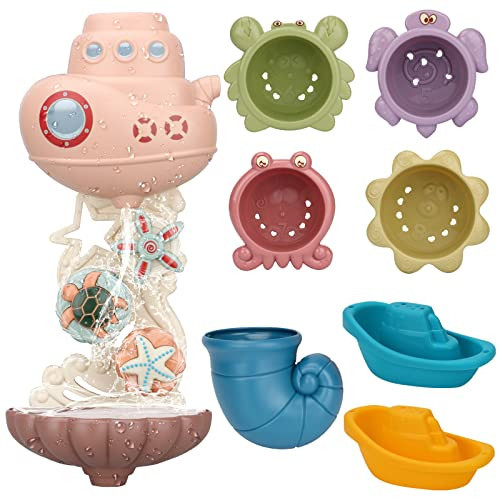 LZZAPJ Bath Toys for Toddlers Age 2-4, Bathtub Water Toys for Kids Age 1-3, Toddler Bath Toy Contains 4 Stackable Cups and 2 Boats and 1 Conch Spoon, Gift for Infants Boys Girls 6-12 Months | Amazon (US)