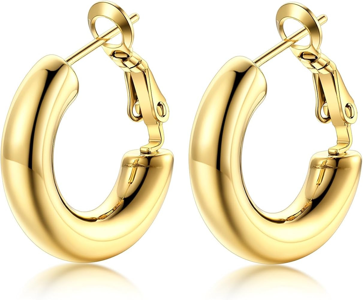 KeyStyle Chunky Hoop Earrings for Women, Stainless Steel Gold Hoops Earring Lightweight Loops, 5m... | Amazon (US)