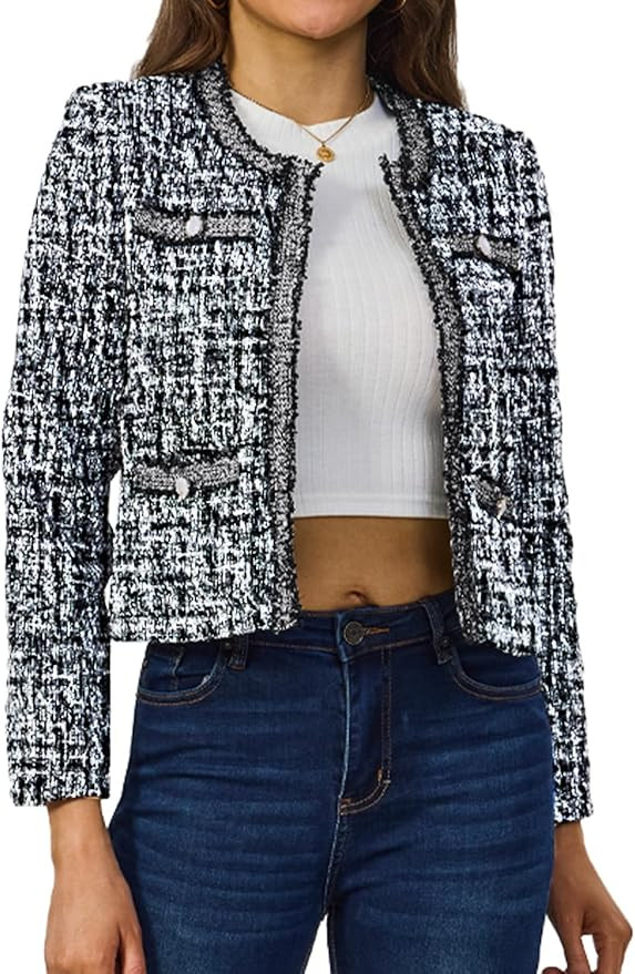 Women's Tweed Blazers Cropped Long Sleeve Crewneck Open Front Lace Trim Lightweight Plaid Work Bu... | Amazon (US)
