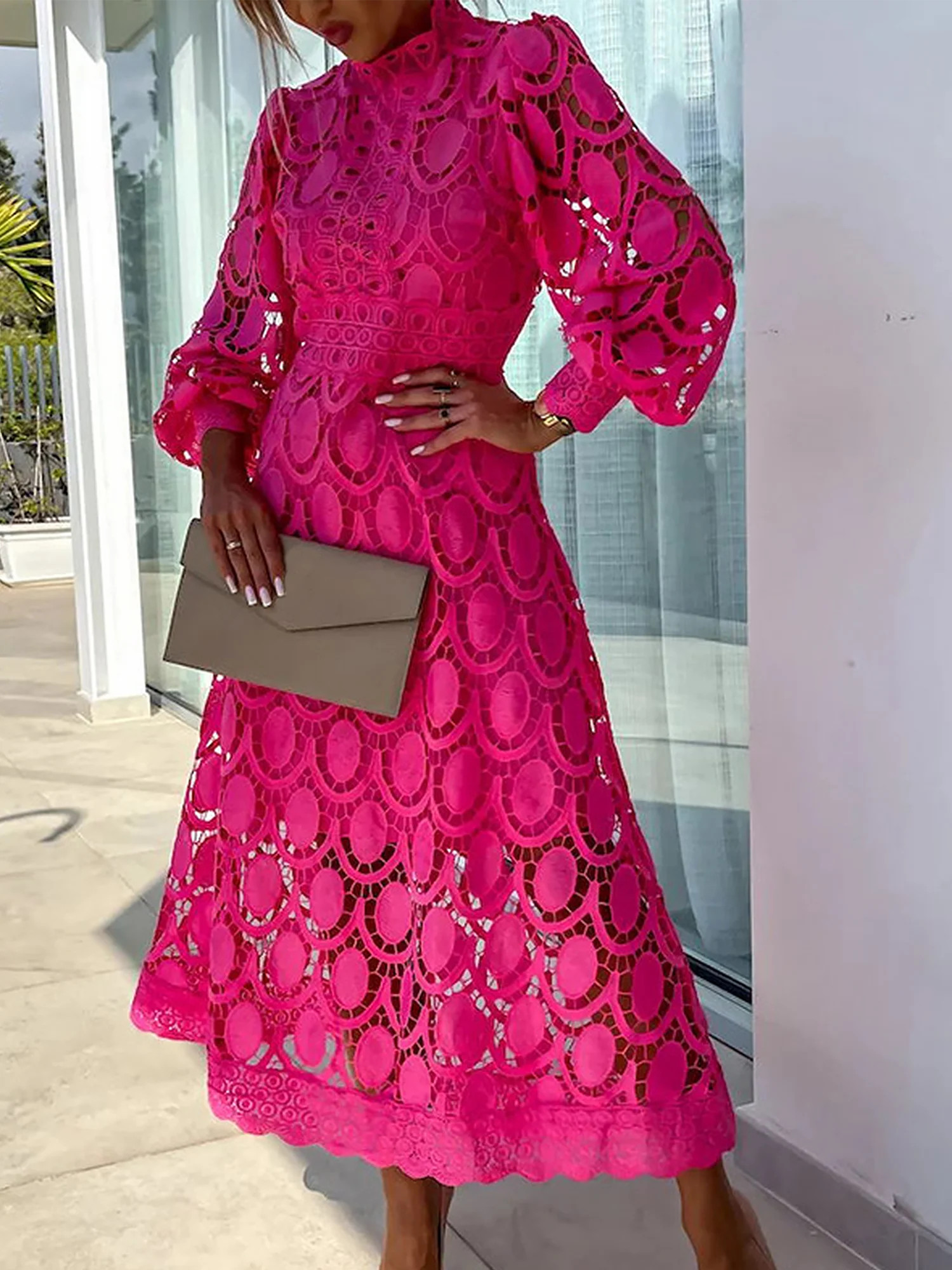 Elegant Boho Eyelet Mock Neck Long Sleeves Evening Maxi Dress | allegra-k
