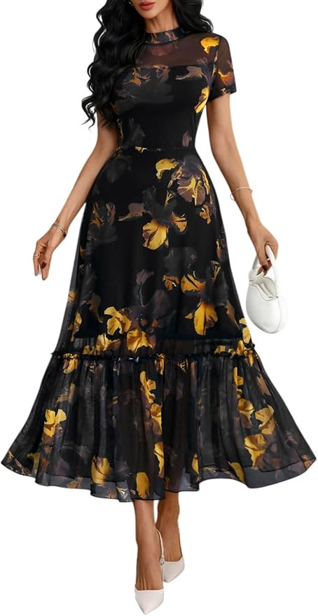 GothDark Women's Summer Floral Mesh Ruffle Casual Maxi Wedding Guest Dress | Amazon (US)
