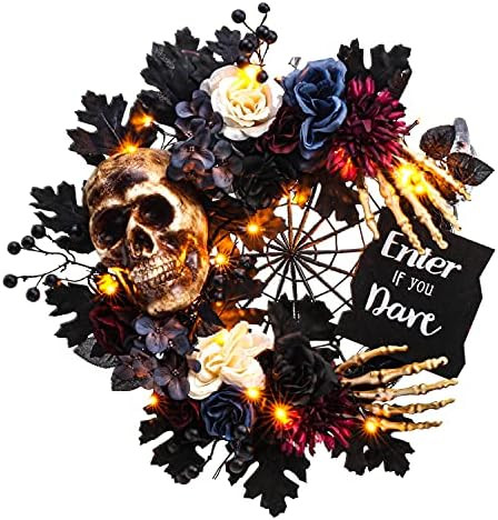 Halloween Decorations Skeleton Wreath with Spider Web and LED Lights Front Door Wreath/Outdoor Wi... | Amazon (US)