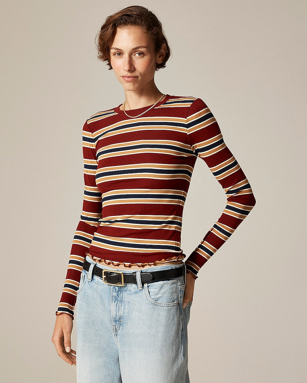 Refined rib long-sleeve T-shirt with button cuffs in stripe | J. Crew US