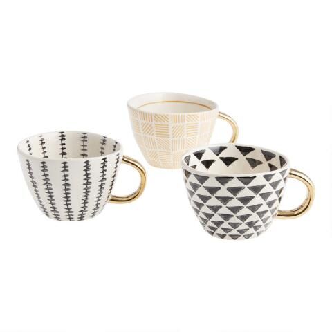 Black, White And Gold Geo Ceramic Mug Set Of 3 | World Market