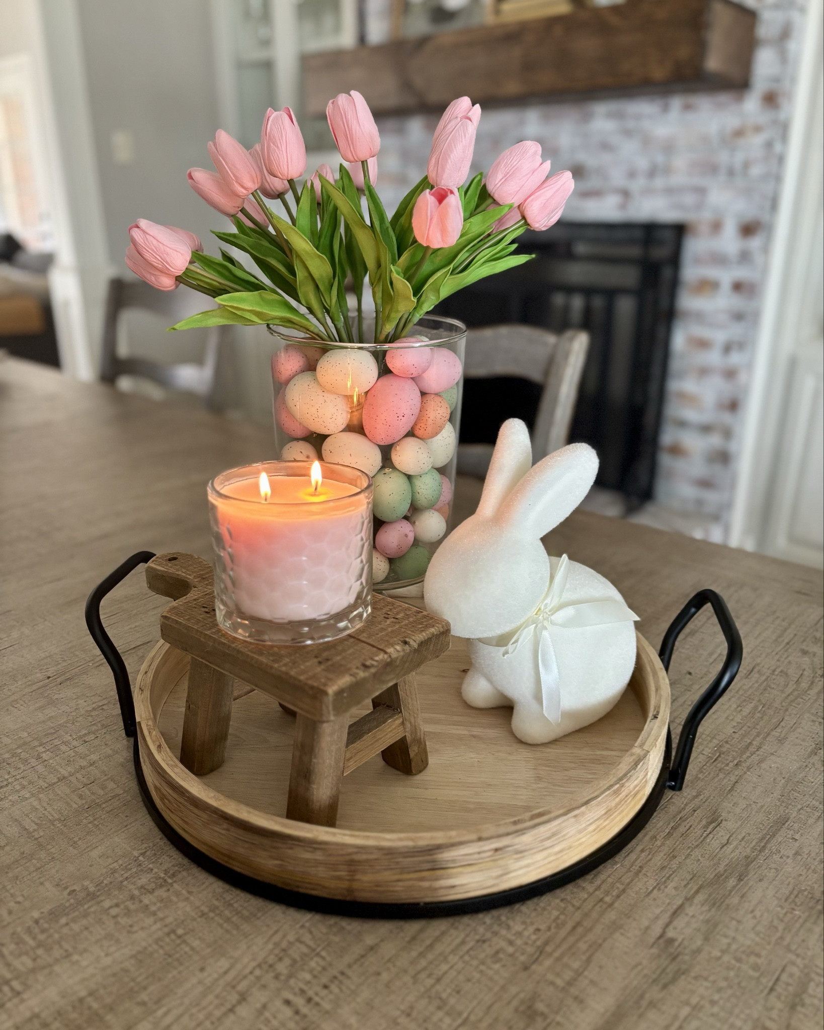 Easter centerpiece idea!  

Spring decor, easter decor, flocked bunny, glass hurricane, tray, Walmart home, amazon 

#LTKHome #LTKSeasonal #LTKFindsUnder50