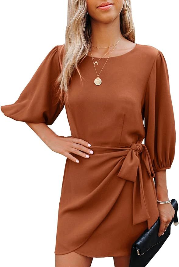 HOSIKA Women's Casual Round Neck 3/4 Sleeves Solid Color Tie Waist Wrap Mini Dress with Belt | Amazon (US)