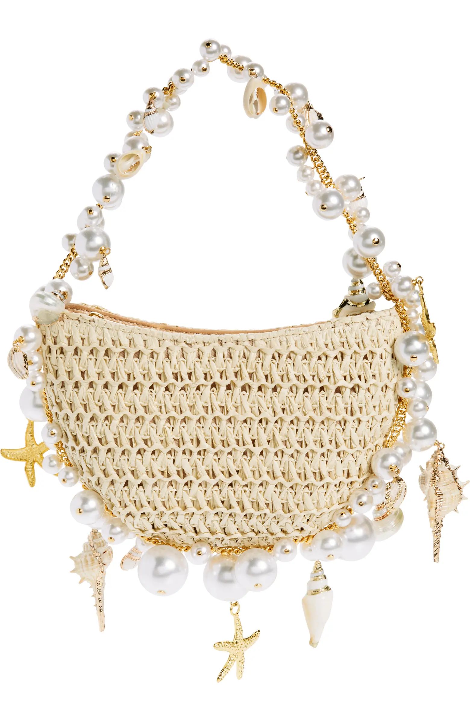 Cluster Shell Imitation Pearl Raffia Shoulder Bag | Nordstrom