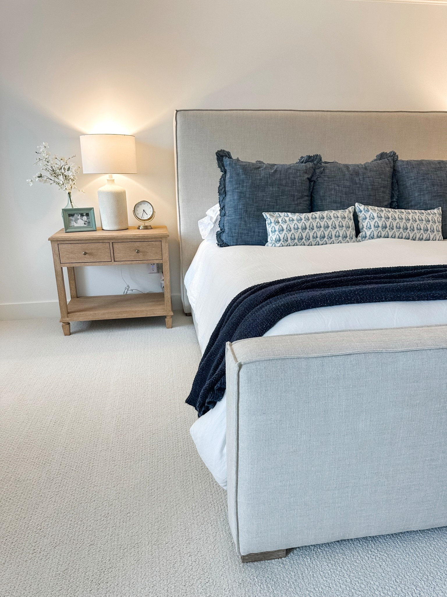 neutral bedroom decor, cozy bedroom style, blue and white bedding, bedroom pillows, modern coastal bedroom, nightstand decor, light wood furniture, clean aesthetic home, bedroom refresh, simple bedroom design, serene home vibes, affordable home finds, LTK home favorites

#LTKdayinmylife #LTKHome #LTKSaleAlert