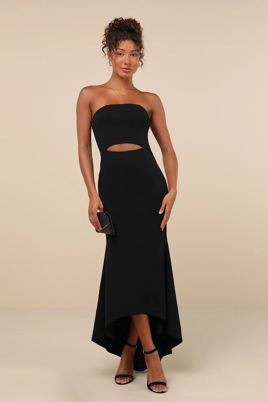 Gorgeous Existence Black Strapless Cutout High-Low Maxi Dress | Lulus