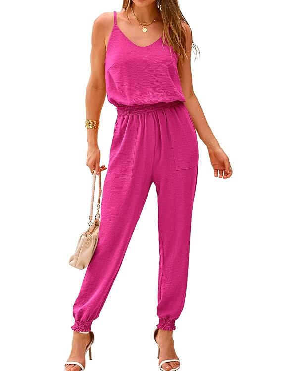 BTFBM Summer Jumpsuits For Women Casual V Neck Sleeveless Spaghetti Strap Long Pants Rompers Beac... | Amazon (US)