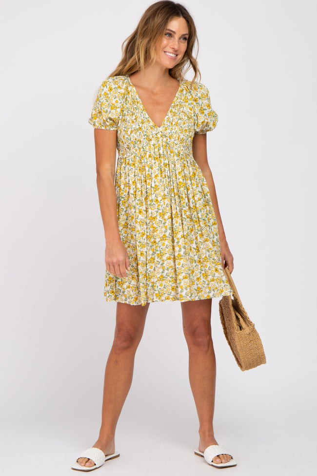 Yellow Floral Smocked V-Neck Dress | PinkBlush Maternity