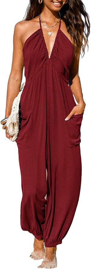 CUPSHE Women's Plunge Halter Sleeveless Pleated Long Romper Knit Jogger Maxi Jumpsuit with Pocket... | Amazon (US)