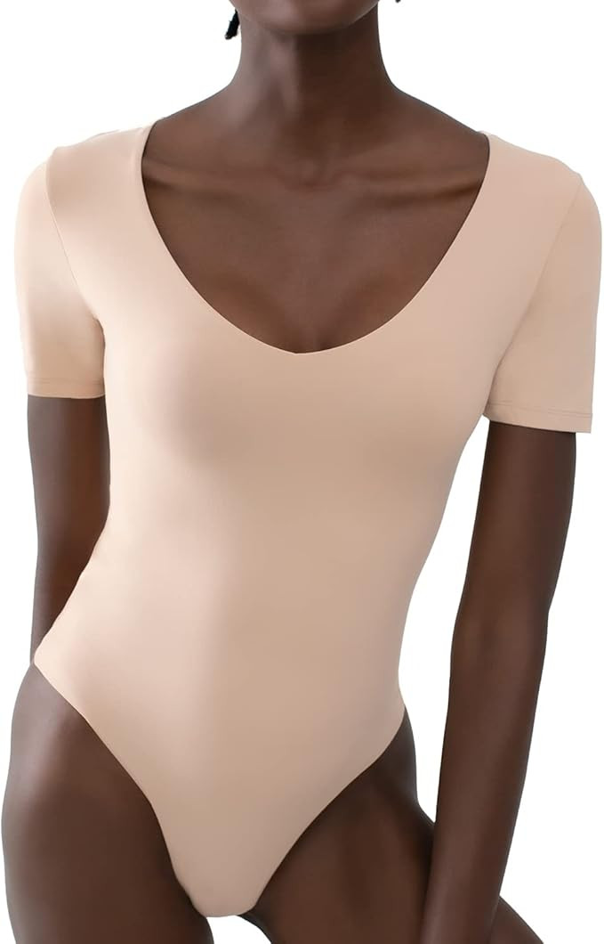 PUMIEY Women's V Neck Short Sleeve Bodysuit Sexy Tops Sharp Collection | Amazon (US)