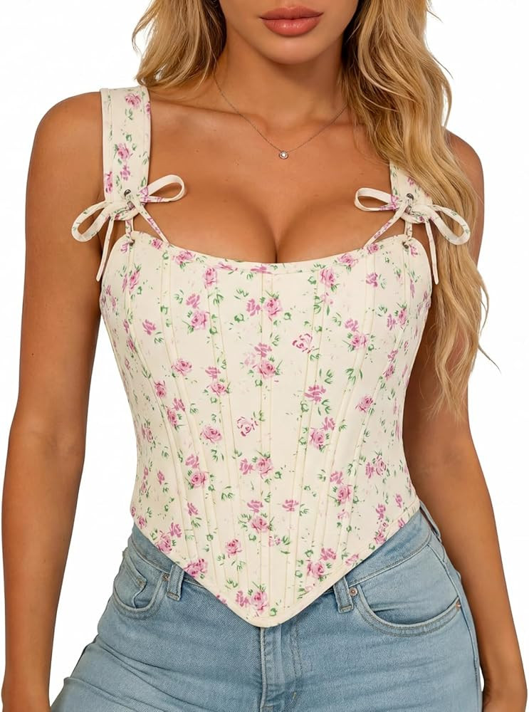 Scarlet Darkness Floral Corset Tops for Women Renaissance Corset Boned Lace Up Bustier Tops | Amazon (US)
