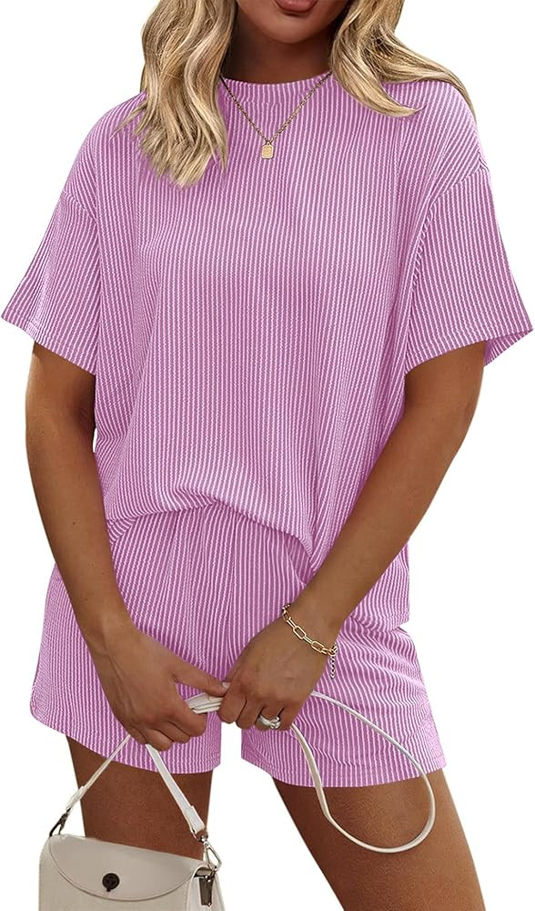 Rapbin 2 Piece Sets for Women Summer Loungewear Short Sleeve Pajama Clothes Loose Fit | Amazon (US)