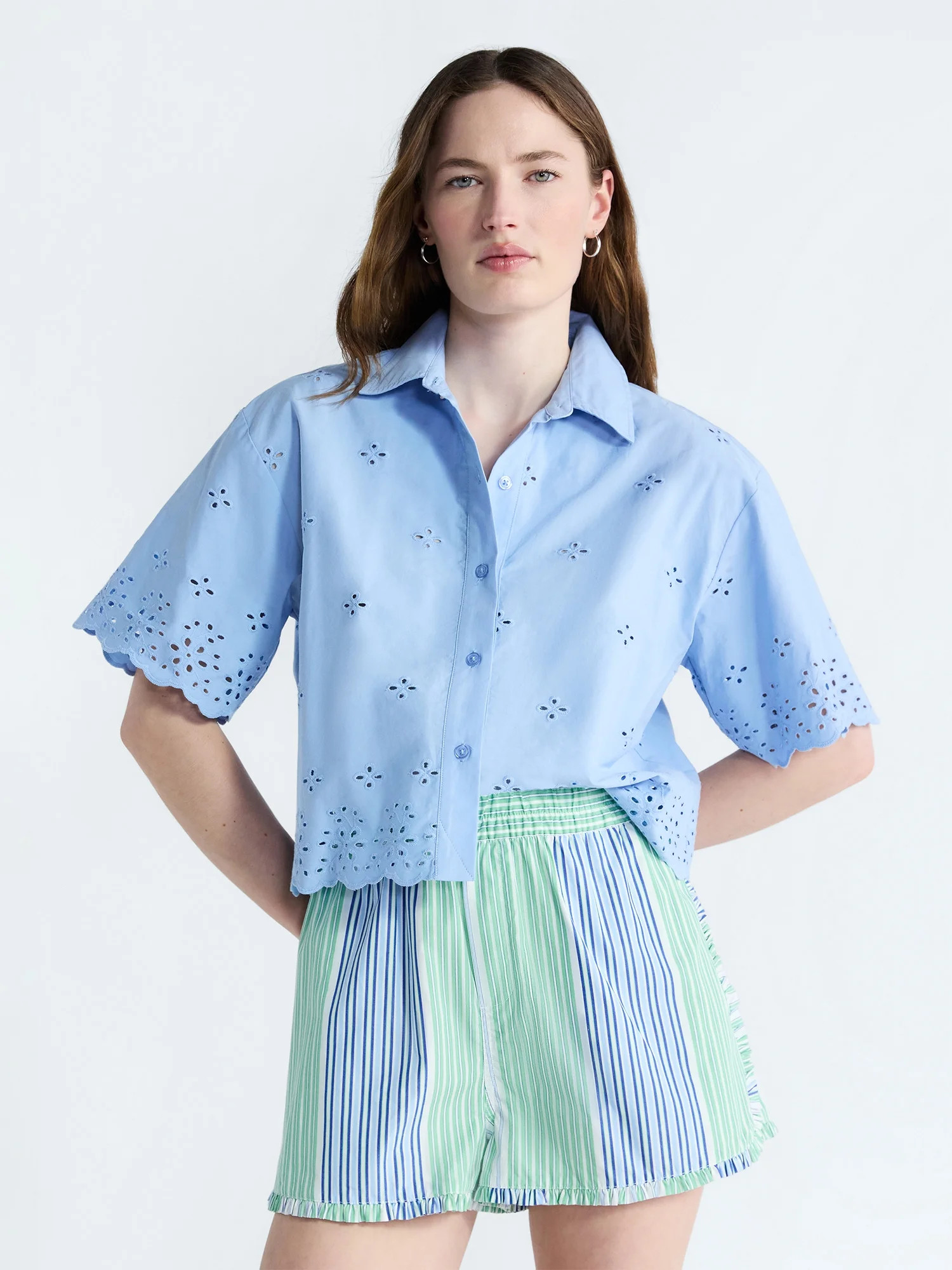 Free Assembly Women's and Women's Plus Cropped Cotton Eyelet Shirt, Sizes XS-4X | Walmart (US)