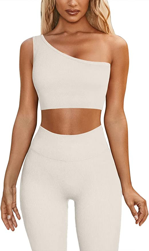 Amazon.com: QINSEN Gmy Leggings for Women 2 Pieces Sets Seamless One Shoulder Padded Workout Bra ... | Amazon (US)