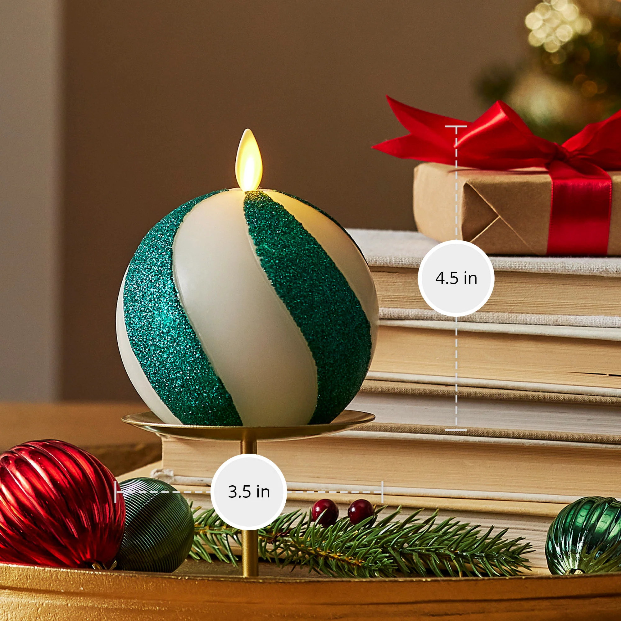 Green Candy Cane Glitter Stripe Flameless Candle Sphere | Luminara