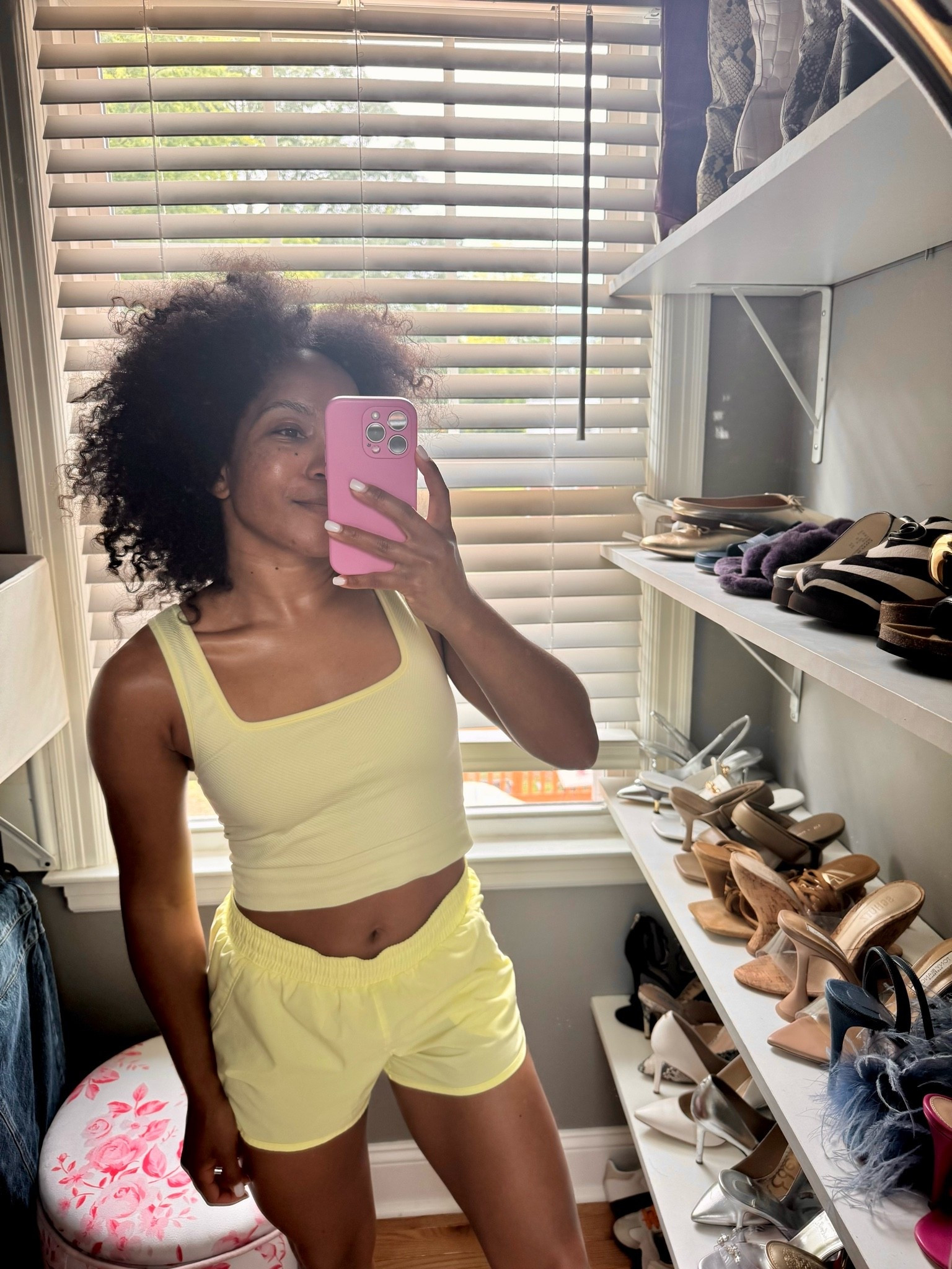 Yellow top and shorts athletic matching workout set! My set is old but Target updated it for the better, okay?! Fab. Love the built in briefs as well on the shorts. The top is great (not wearing a bra and still feel support)