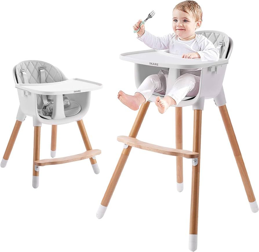 IKARE Wooden Natural Baby High Chair W/ Removable Tray & Safety Harness, 3-in-1 Infant Highchair ... | Amazon (US)