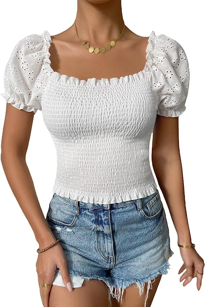 SheIn Women's Square Neck Eyelet Embroidery Blouses Puff Sleeve Frill Trim Crop Tops | Amazon (US)