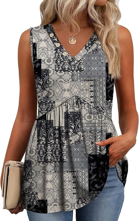 OFEEFAN Womens Tank Tops 2026 Boho Fashion Clothing Flowy Peplum Top Button Down Sleeveless V Nec... | Amazon (US)