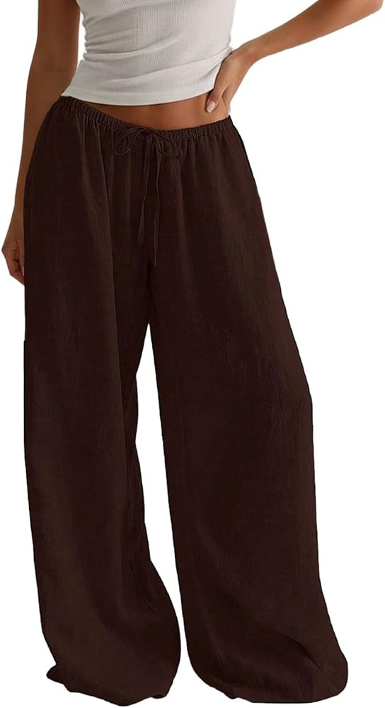 MakeMeChic Women's Linen Pants Summer Beach Wide Leg Low Rise Baggy Pants Trousers | Amazon (US)