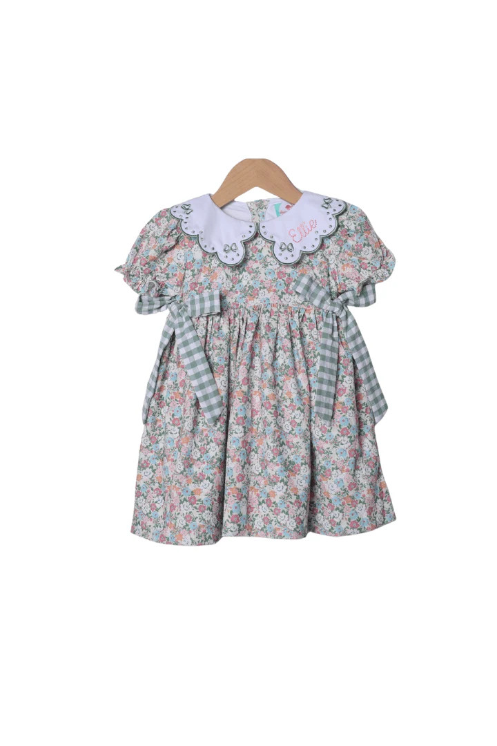 Embroidered Sage Green Floral Corduroy Bow Dress | The Smocked Flamingo