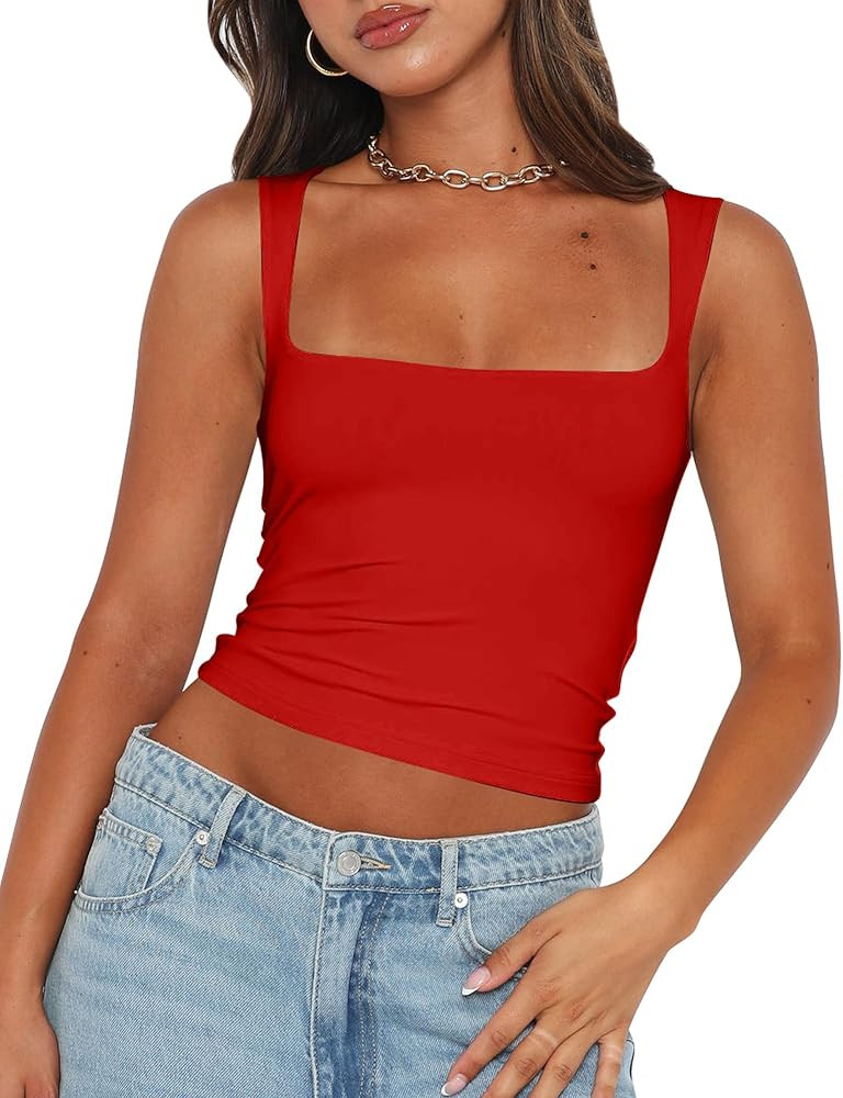 Mokoru Women's Sexy Sleeveless Square Neck Tank Top Double Lined Basic Crop Tops | Amazon (US)