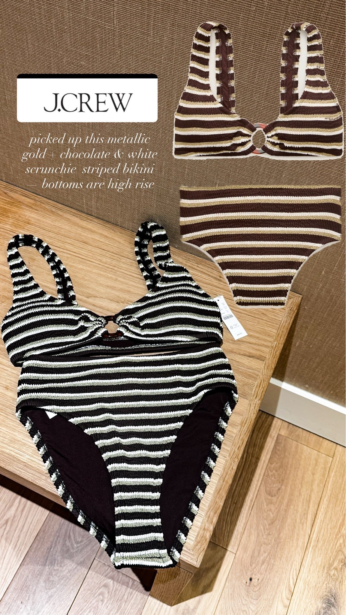 picked up this JCrew metallic gold + chocolate & white scrunchie  striped bikini — bottoms are high rise & suck everything in so nicely. Currently on sale & comes in other colors.

#LTKSwim #LTKTravel #LTKSaleAlert
