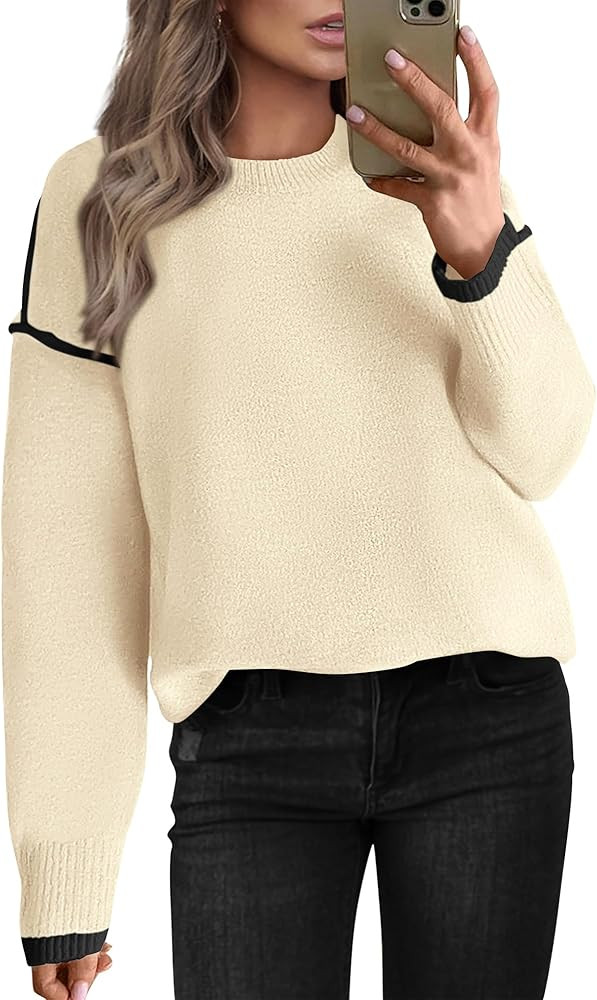 BTFBM Fall Sweaters for Women 2024 Trendy Casual Crew Neck Long Sleeve Loose Ribbed Knit Sweater ... | Amazon (US)