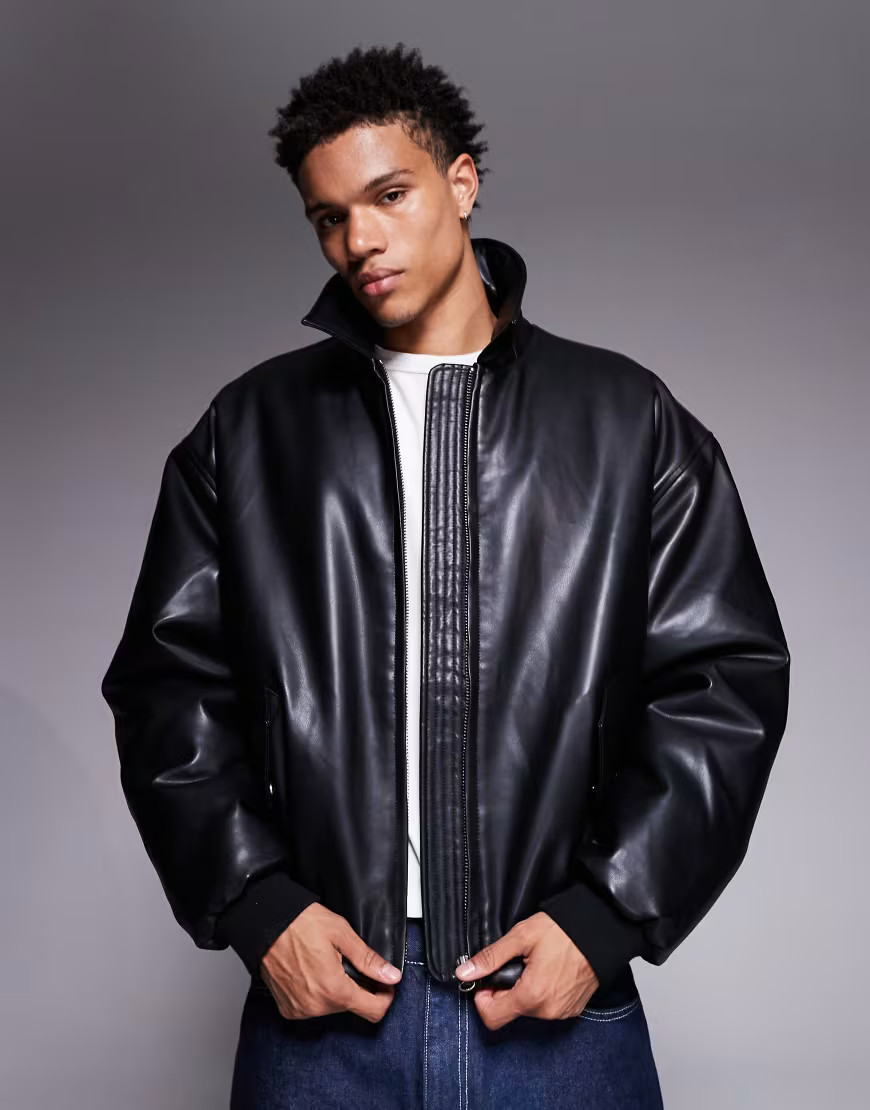 ASOS DESIGN bomber jacket in faux leather in black | ASOS (Global)