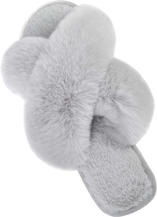 Cozyfurry Women's Fuzzy Slippers Cross Band Soft Plush Cozy House Shoes Furry Open Toe Indoor or ... | Amazon (US)
