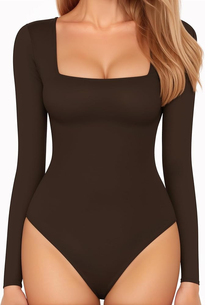 MANGOPOP Women's Square Neck Long Sleeve Bodysuit Slim Fitted Tops | Amazon (US)