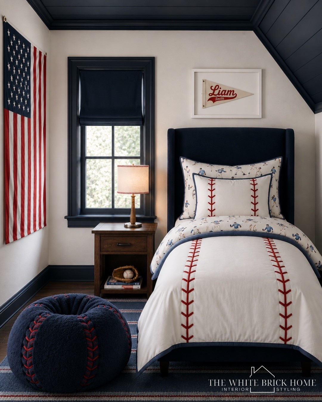 A fun, Americana baseball bedroom design idea for a little fan! I love this baseball bedding, especially paired with a navy bed like this one from wayfair! 
❤️❤️
Boys room, boys bedroom, kids room, kids bedroom, boys room decor, boys room bedding, boys room finds, home design, baseball bedroom, baseball room, baseball themed bedroom, sports bedroom, sports themed bedroom, sports room design, sports room decor, Americana bedroom, kids room bed, kids room baseball, bean bag, baseball bean bag, home design, kids bedroom design, kids room, pottery barn kids, wayfair, pottery barn, Etsy