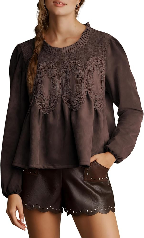 Women's Faux Suede Lace Poplin Mesh Peplum Babydoll Tops Long Puff Sleeves Crew Neck Flared Swing... | Amazon (US)