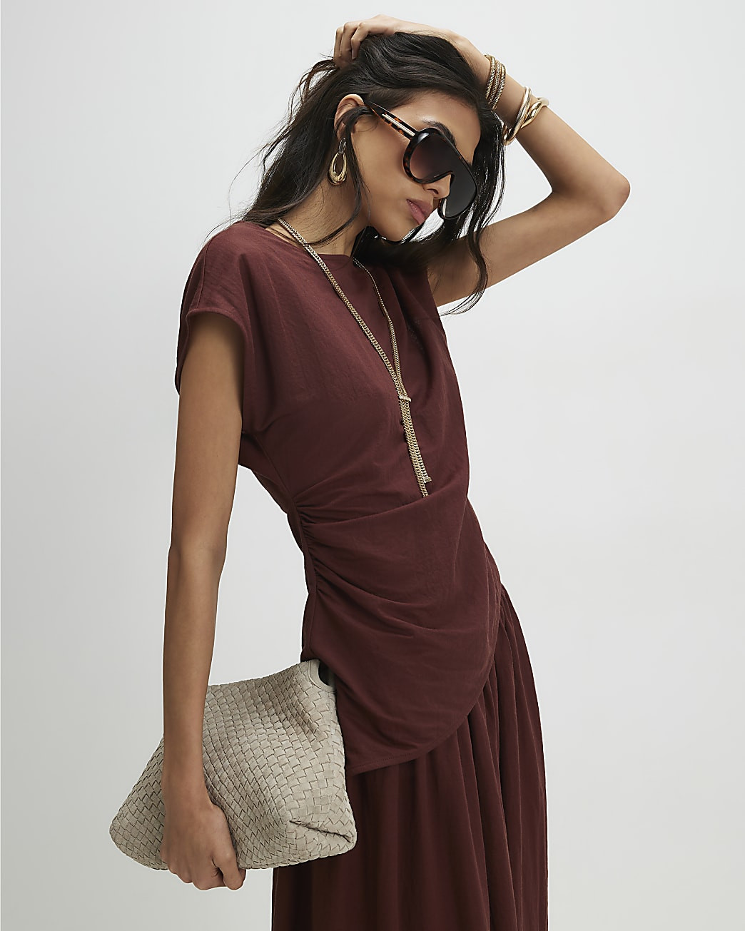 Brown Short Sleeve Asymmetric Hem Top | River Island UK & IE