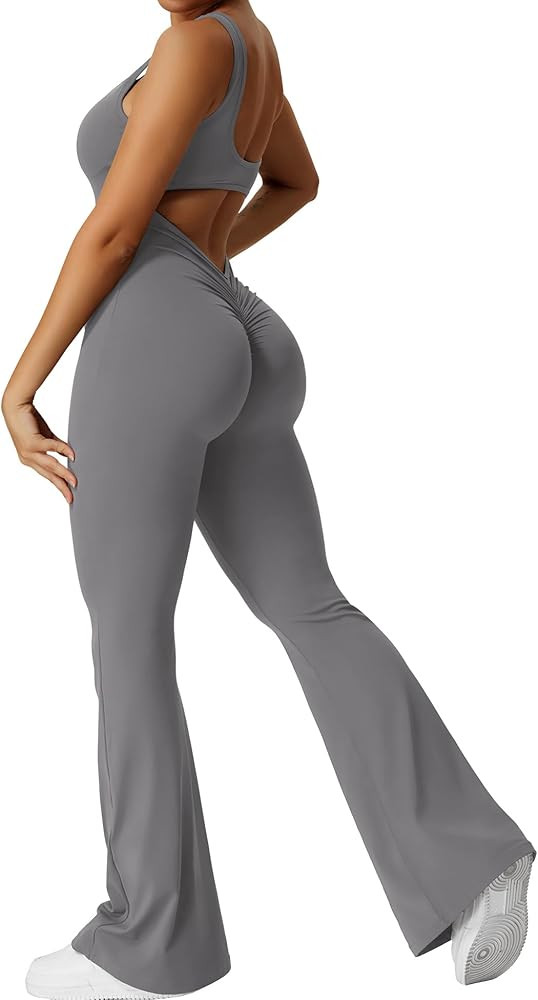 YEOREO Women Workout Scrunch Flare Jumpsuits Sexy Backless Butt Lift Gym Yoga Jumpsuits | Amazon (US)
