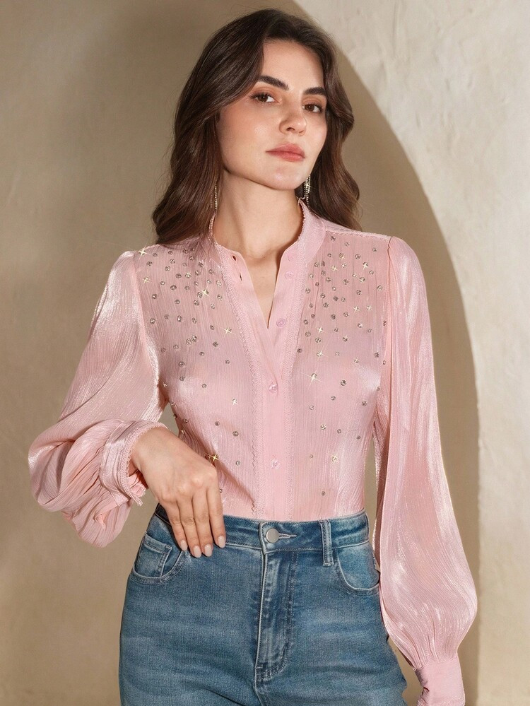Anewsta Blusa De Manga Longa Elegante Com Decote Reto, Manga Raglan E Decoração De Strass Em Cor Sólida | SHEIN