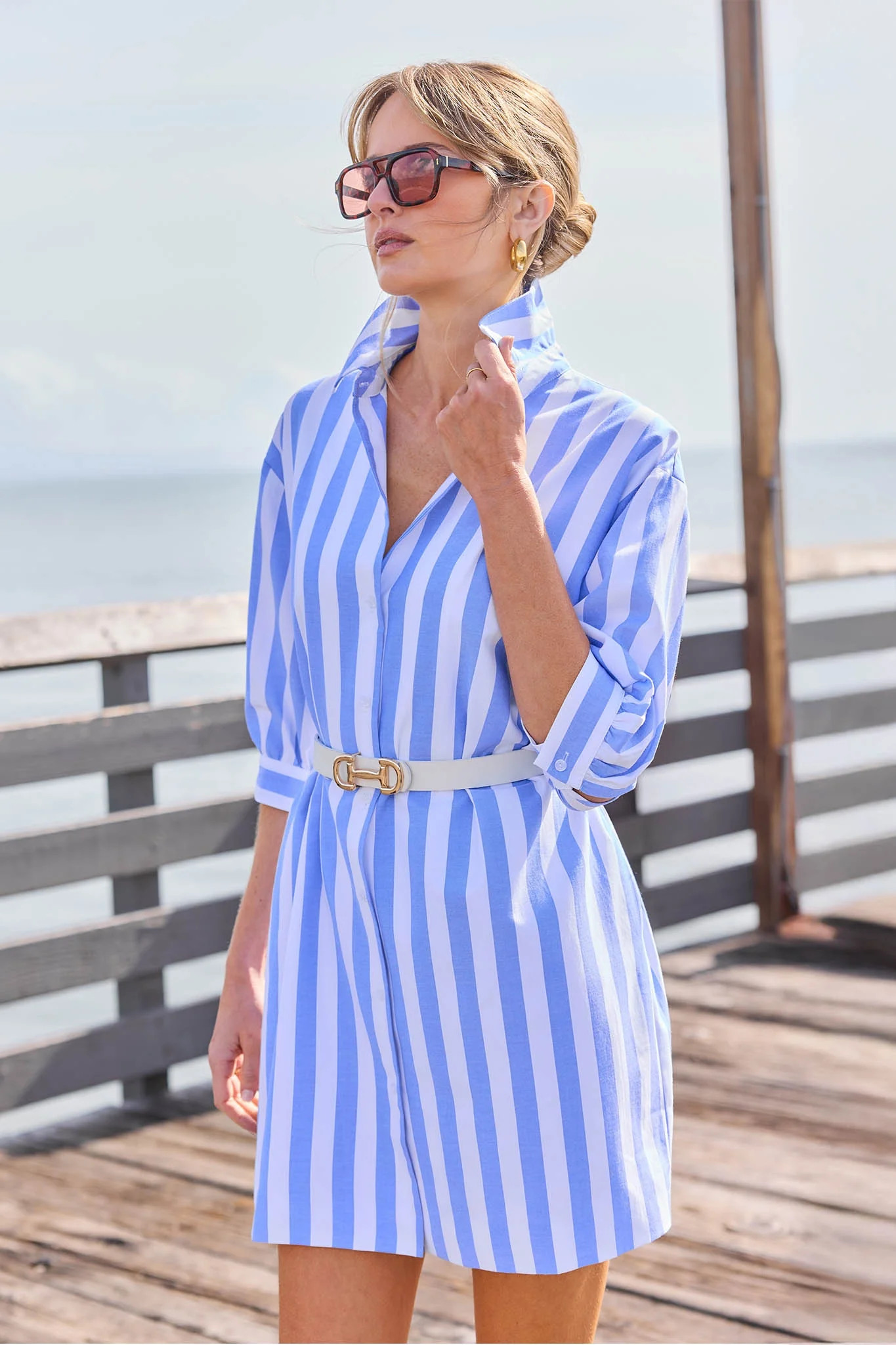 Colby Blue Striped Short Dress | Avara