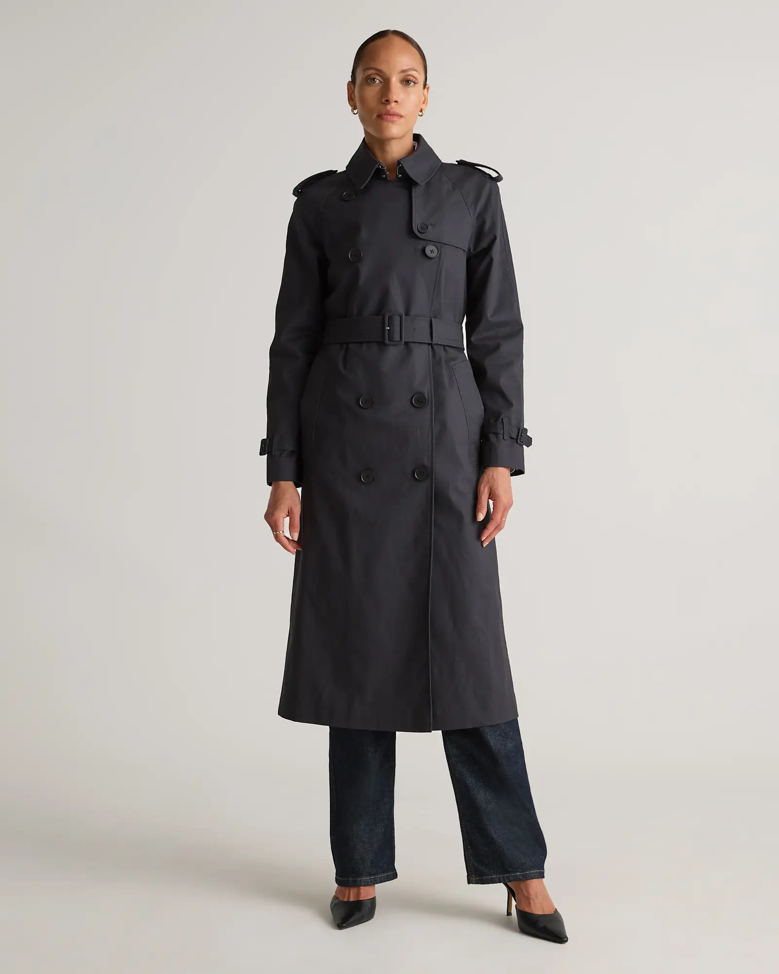 Comfort Stretch Long Trench Coat in Midnight Black | Quince