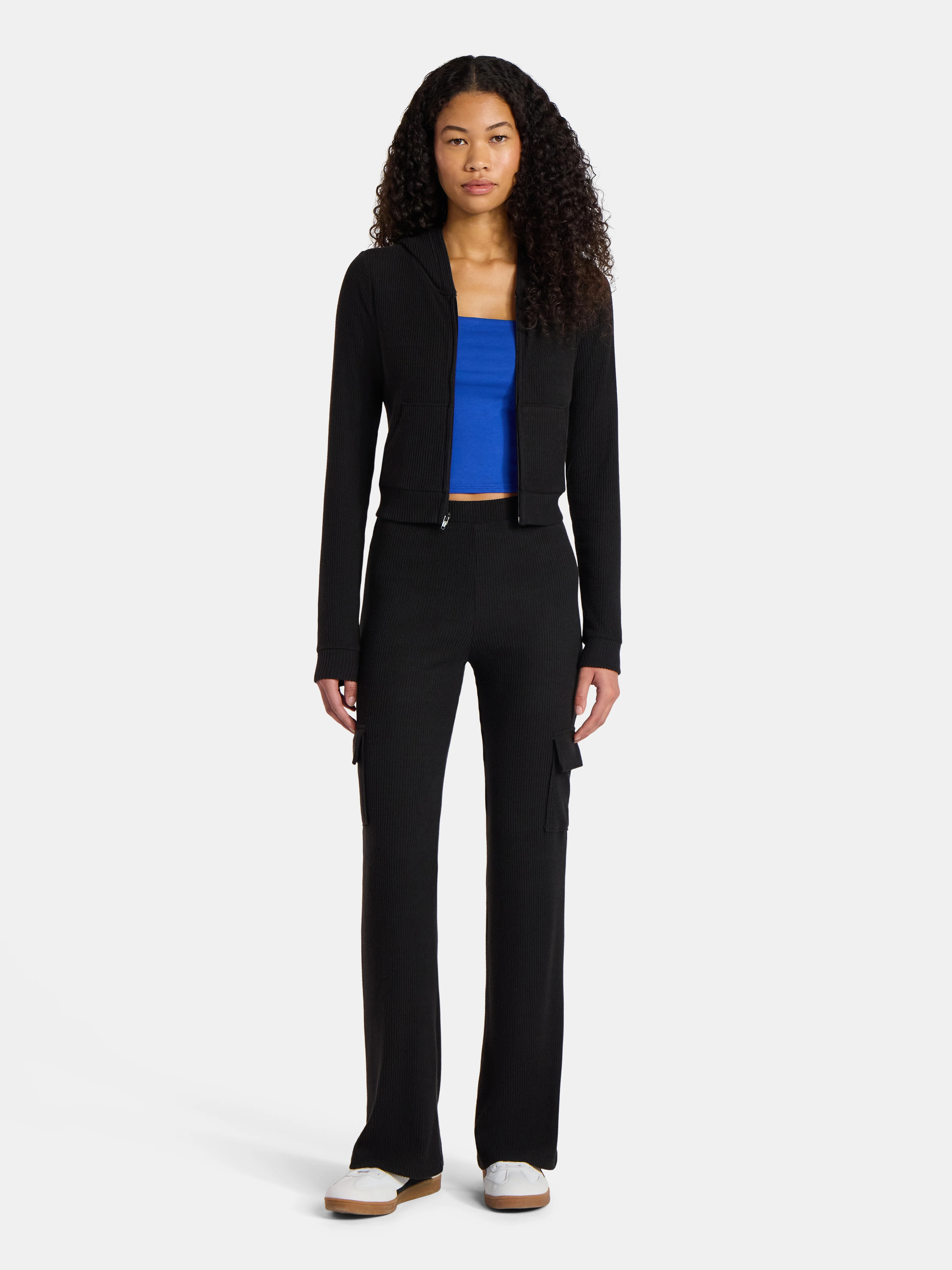 No Boundaries Brushed Ribbed Zip-Up Hoodie and Flare Pants Set, 2-Piece, Women's | Walmart (US)