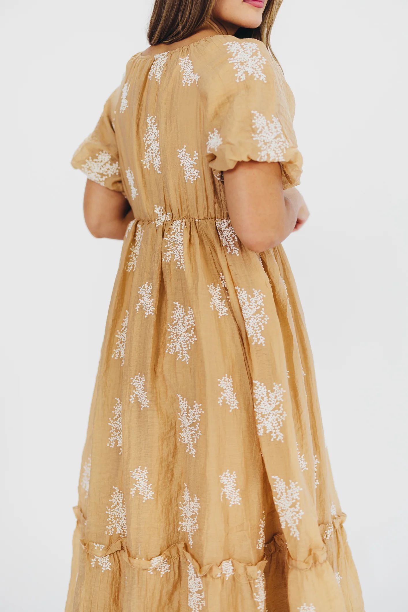 Hallie Embroidered Maxi Dress in Camel - Bump Friendly & Inclusive Siz | Worth Collective