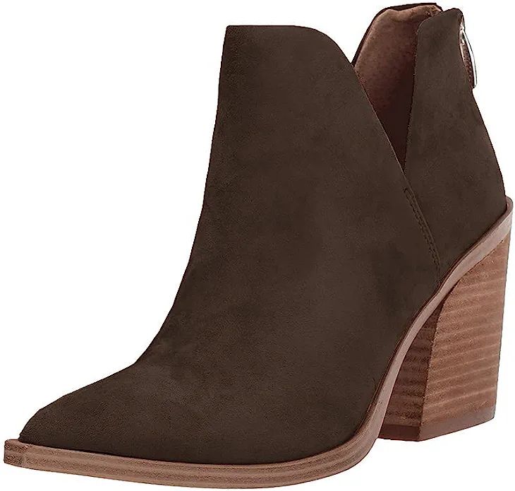 Amazon.com | FISACE Womens Pointed Toe Stacked Mid Heel Ankle Boots V Cut Back Zipper Faux Leathe... | Amazon (US)