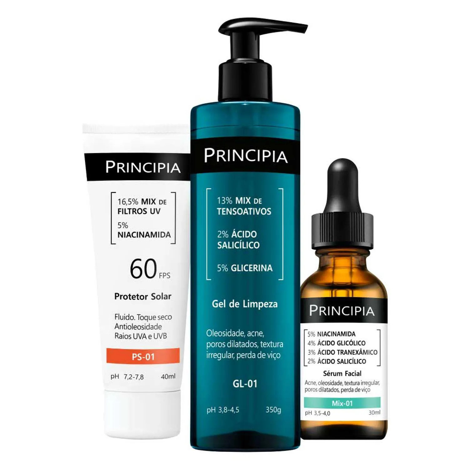 Kit Principia Anti-Acne (3 Produtos) - Gel De Limpeza Gl-01 350G + Sérum Mix-01 30Ml + Protetor Solar Com Niacinamida 40Ml | DrogaRaia (BR)